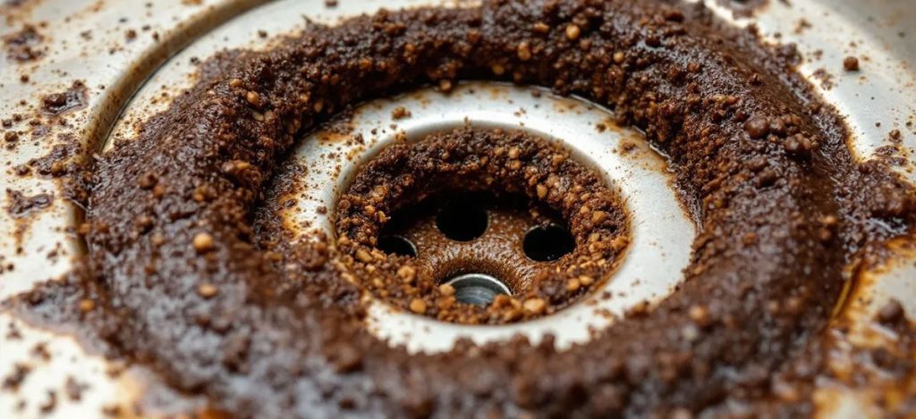 The image depicts a clogged kitchen drain filled with grease and food particles, illustrating common plumbing problems that can lead to restricted water flow and costly repairs in many San Antonio homes. This buildup can cause significant plumbing issues if not addressed promptly by a professional plumber.