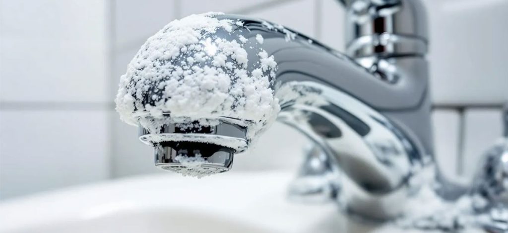 The image depicts a bathroom faucet with noticeable hard water mineral deposits, highlighting common plumbing issues such as mineral buildup that can affect water flow and pressure in many San Antonio homes. Regular maintenance and professional plumbing repair services can help prevent such sediment buildup and ensure a reliable plumbing system.