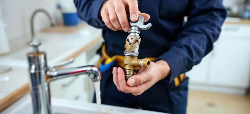 A professional plumber is seen repairing a leaky faucet, with visible mineral buildup around the fixture, highlighting common plumbing issues faced in many San Antonio homes. This scene emphasizes the importance of regular maintenance to prevent costly repairs and ensure a reliable plumbing system.