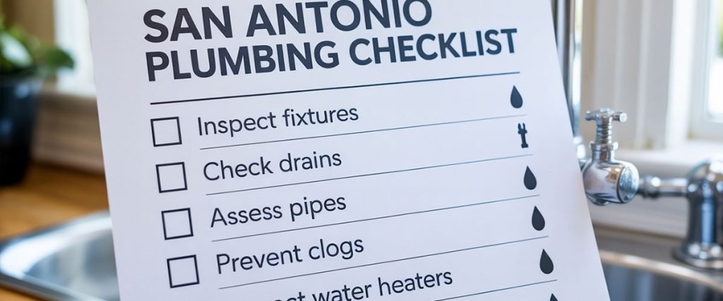 A clean, professional plumbing checklist document
designed for San Antonio homeowners, featuring a bold header that reads "San Antonio Plumbing Checklist". The checklist displays five key maintenance items with empty checkbox squares beside each: "Inspect Fixtures", "Check Drains", "Assess Pipes", "Prevent Clogs", and "Inspect Water Heaters". The document has a crisp white background with dark blue text in a clear, readable sans-serif font, and subtle plumbing-themed icons like water drops or pipe symbols decorating the margins. Soft natural lighting illuminates the paper, giving it a practical, trustworthy appearance suitable for a home maintenance guide.