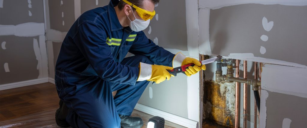 A photograph of a professional plumber wearing
bright yellow safety goggles, work gloves, and a dust mask while carefully removing sections of white drywall with a utility knife and pry bar. The plumber is dressed in navy blue coveralls with reflective safety strips, kneeling on a plastic drop cloth to protect the hardwood floor beneath. Behind the opened wall cavity, copper pipes are visible with water stains and mineral deposits indicating the location of the leak. The scene is lit by a portable LED work light, casting dramatic shadows across the exposed wall studs and creating a sense of focused, methodical repair work.