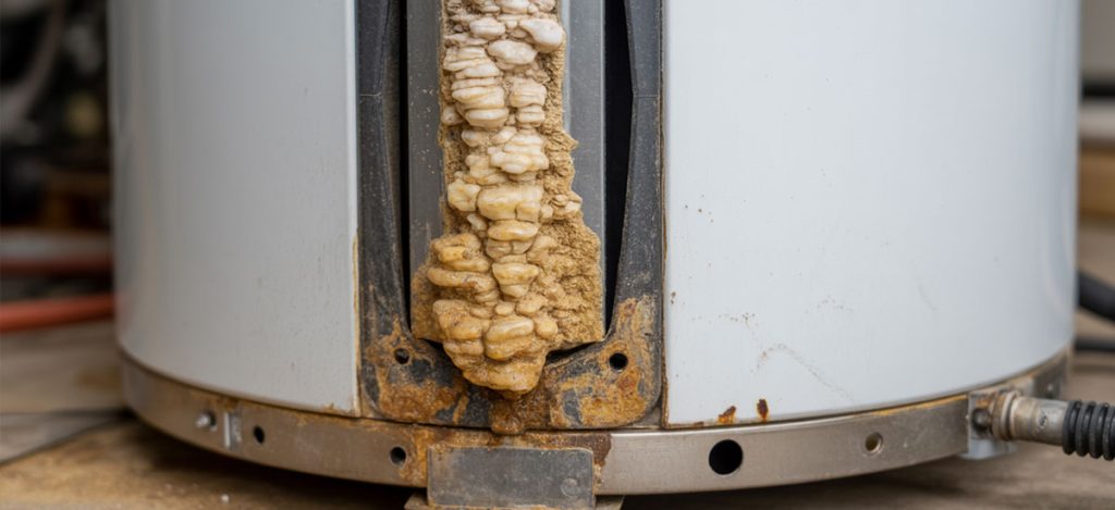 The image depicts a water heater tank with visible sediment buildup at the bottom, indicating potential plumbing issues such as mineral deposits that can lead to reduced water flow and water heater malfunctions. Regular maintenance is essential to prevent such sediment accumulation and ensure a reliable plumbing system in San Antonio homes.
